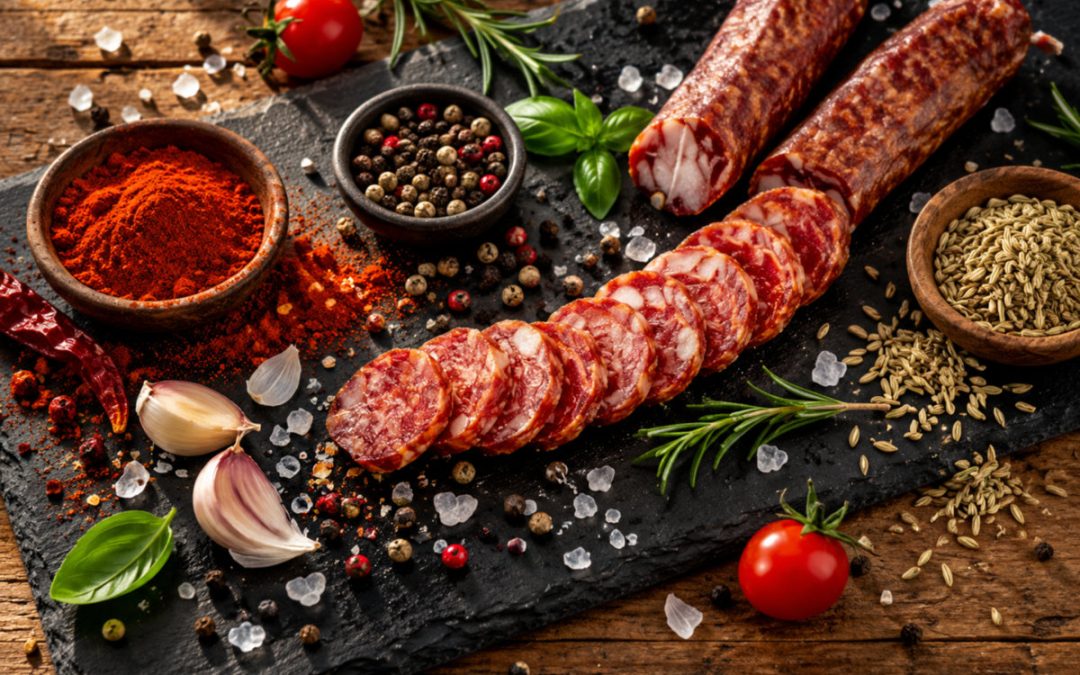 Različiti začini, paprika, biber, beli luk i komorač uz tradicionalne suve kobasice.