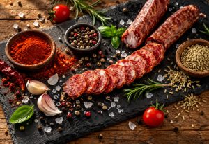 Različiti začini, paprika, biber, beli luk i komorač uz tradicionalne suve kobasice.